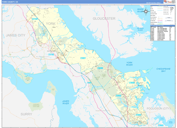 York County, VA Zip Code Wall Map Basic Style by MarketMAPS - MapSales