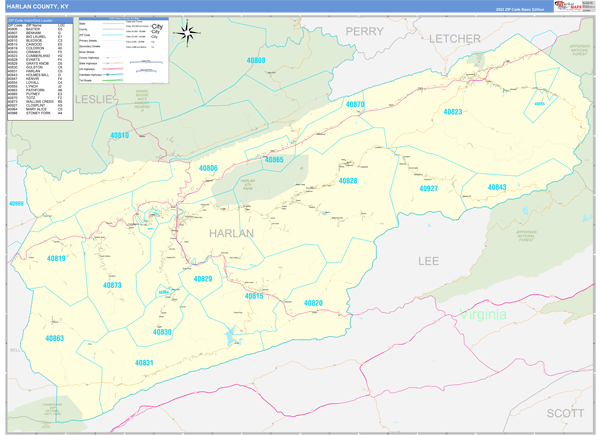 Harlan County, KY Zip Code Maps - Red Line
