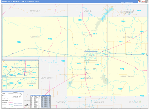 Amarillo Metro Area Wall Map Basic Style