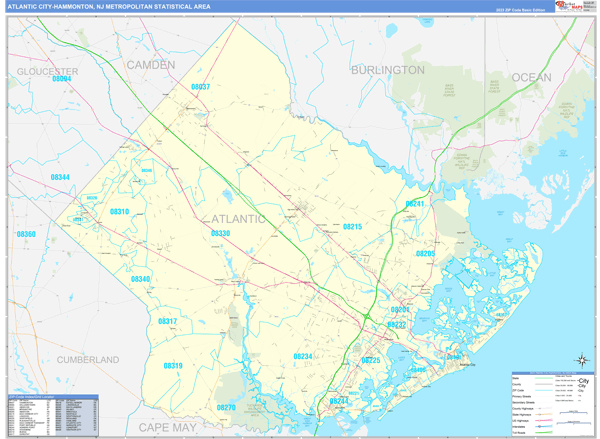 Atlantic City-Hammonton, NJ Metro Area Wall Map Basic Style by ...