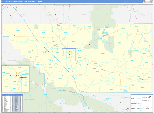 Bakersfield Metro Area Wall Map Basic Style