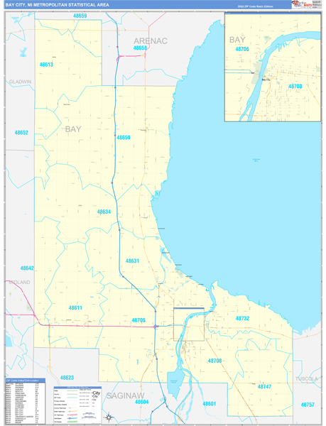 Bay City, MI Metro Area Wall Map Basic Style by MarketMAPS - MapSales