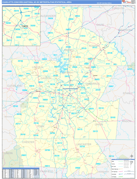 Charlotte-Concord-Gastonia, NC Metro Area Wall Map Basic Style by ...