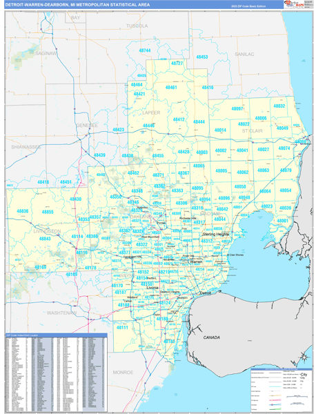 Detroit-Warren-Dearborn, MI Metro Area Wall Map Basic Style by ...