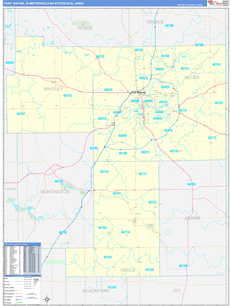 Fort Wayne, IN Metro Area Wall Map Basic Style by MarketMAPS - MapSales