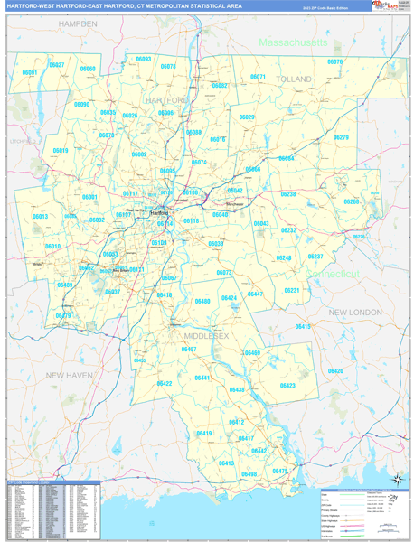 Hartford-West Hartford-East Hartford, CT Metro Area Wall Map Basic ...