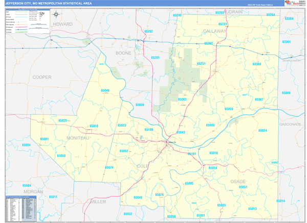 Jefferson City, MO Metro Area Wall Map Basic Style by MarketMAPS - MapSales