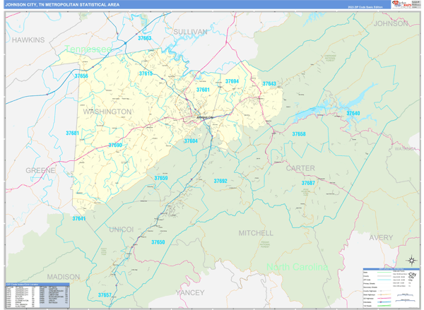 Johnson City Metro Area, TN Zip Code Map - Basic