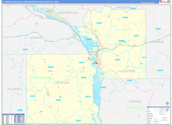 La Crosse-Onalaska Metro Area, WI Zip Code Wall Map - Basic