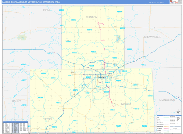 Lansing-East Lansing Metro Area, MI Zip Code Wall Map - Basic