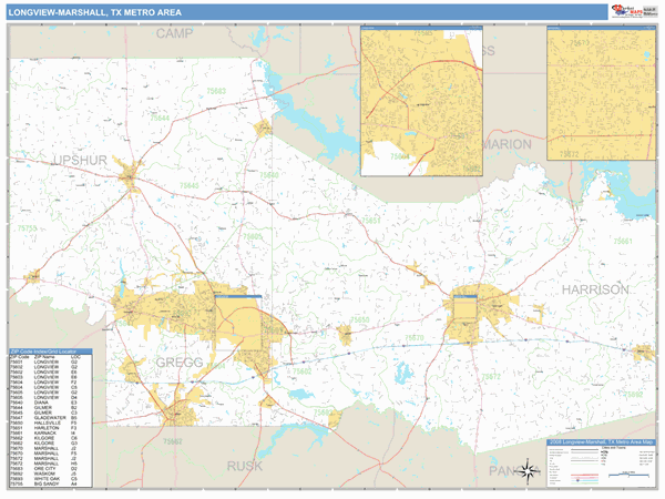 Longview-Marshall, TX Metro Area Zip Code Wall Map Basic Style by ...