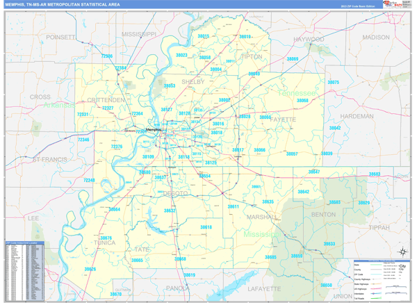 Memphis Metro Area Wall Map Basic Style