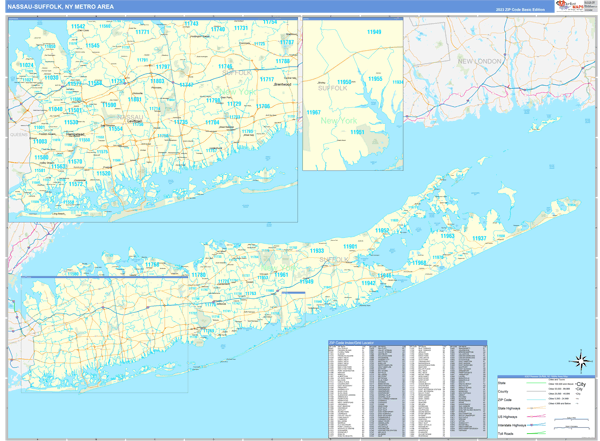 Nassau-Suffolk, NY Metro Area Zip Code Wall Map Basic Style by ...