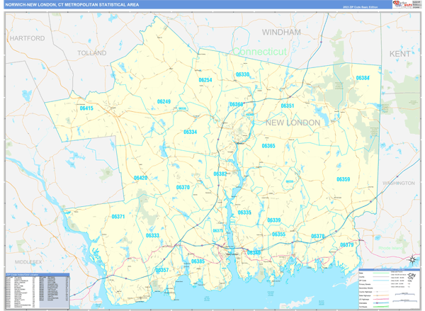 Norwich-New London, CT Metro Area Wall Map Basic Style by MarketMAPS ...