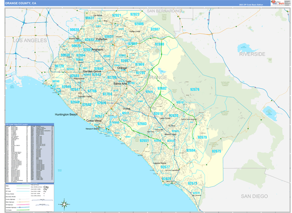 Orange County, CA Metro Area Zip Code Wall Map Basic Style by MarketMAPS