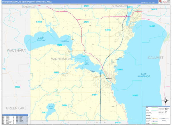 Oshkosh-Neenah Metro Area, WI Zip Code Map - Basic