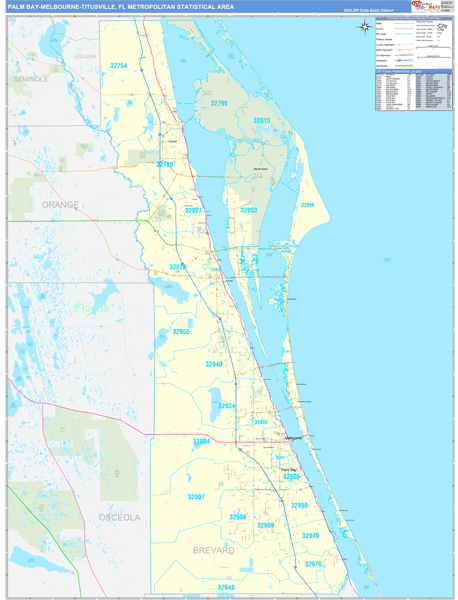 Palm Bay-Melbourne-Titusville, FL Metro Area Wall Map Basic Style by ...