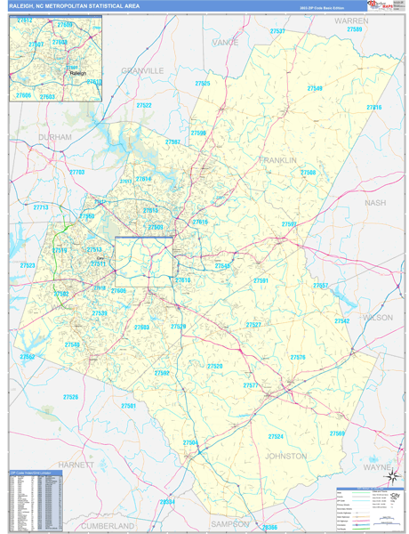 Raleigh Metro Area Wall Map Basic Style