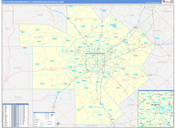 San Antonio-New Braunfels Metro Area, TX Zip Code Wall Map - Basic