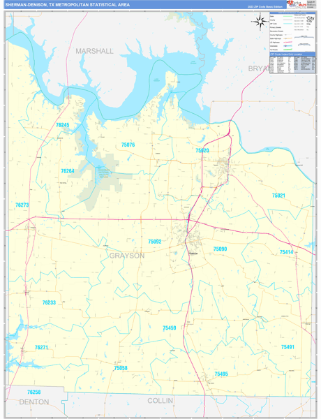 Sherman-Denison, TX Metro Area Zip Code Wall Map Basic Style by ...