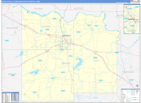 Wichita Falls, TX Metro Area Zip Code Wall Map Basic Style by ...