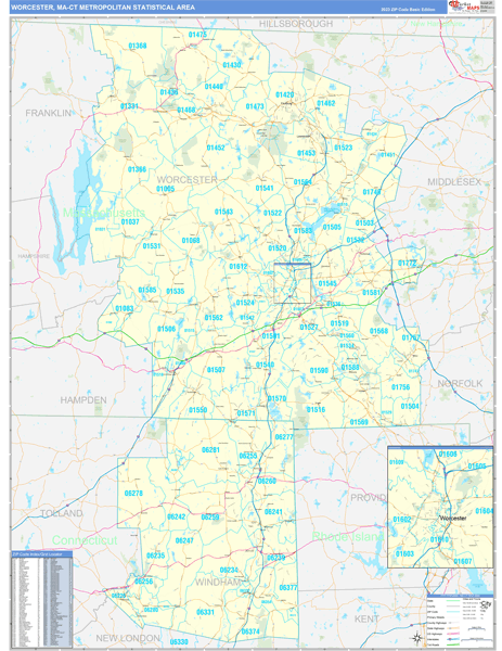 Worcester Metro Area Wall Map Basic Style