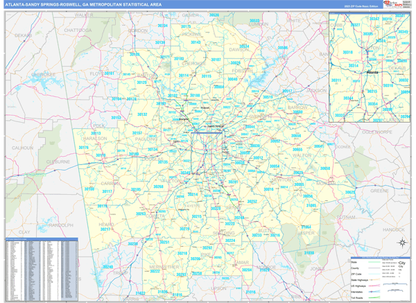 Sandy Springs Zip Code Map Atlanta Sandy Springs Roswell, GA Metro Area Wall Map Basic Style 