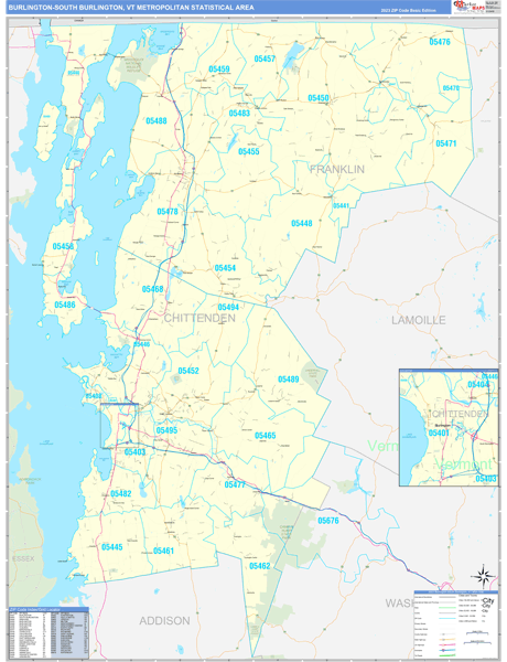 Burlington-South Burlington, VT Metro Area Wall Map Basic Style by ...