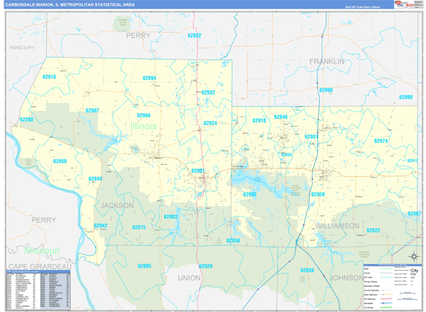 Carbondale-Marion, IL Metro Area Wall Map Basic Style by MarketMAPS ...