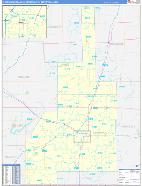 Champaign-Urbana, IL Metro Area Wall Map Basic Style by MarketMAPS ...