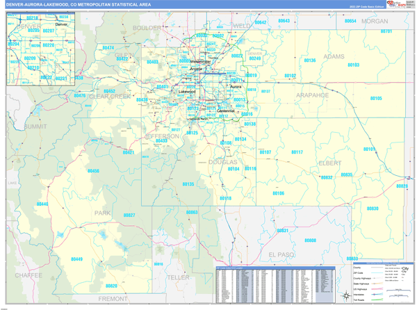 Denver-Aurora-Lakewood, CO Metro Area Wall Map Basic Style by ...