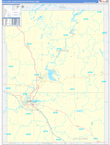 Eau Claire, WI Metro Area Wall Map Basic Style by MarketMAPS - MapSales