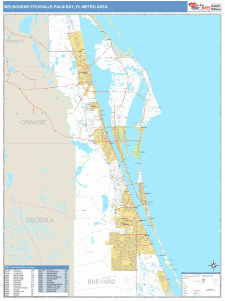 Melbourne-Titusville-Palm Bay, FL Metro Area Wall Map Basic Style by ...