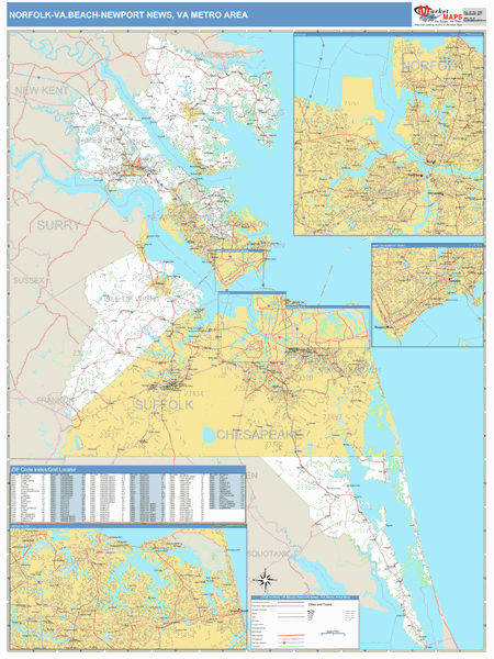 Norfolk-Va. Beach-Newport News, VA Metro Area Zip Code Wall Map Basic ...