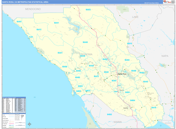 Santa Rosa, CA Metro Area Wall Map Basic Style by MarketMAPS - MapSales