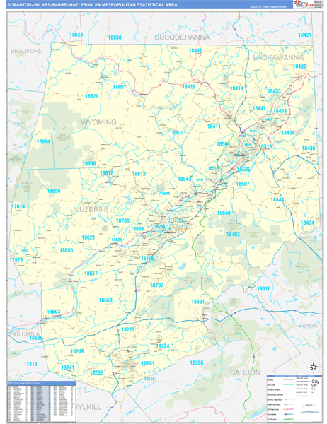 Scranton-Wilkes-Barre-Hazleton, PA Metro Area Wall Map Basic Style by ...