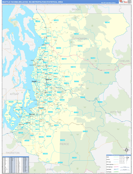 Seattle-Tacoma-Bellevue, WA Metro Area Wall Map Basic Style by ...