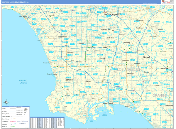 Southern Los Angeles County, CA Metro Area Wall Map Basic Style by MarketMAPS