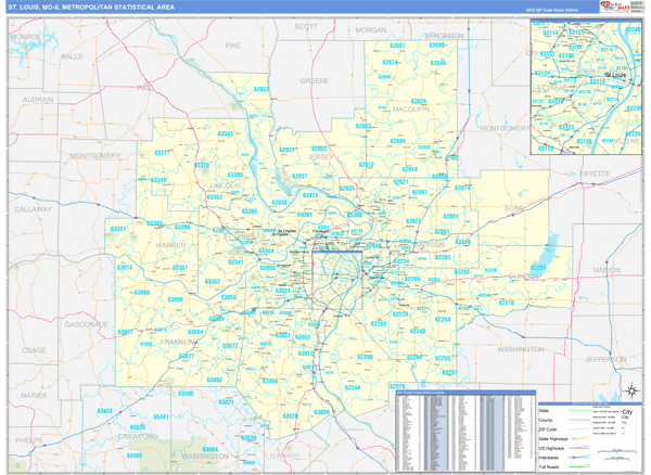 St. Louis, MO Metro Area Zip Code Wall Map Basic Style by MarketMAPS