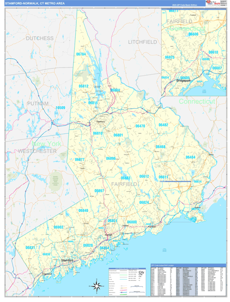 Stamford-Norwalk, CT Metro Area Zip Code Wall Map Basic Style by ...