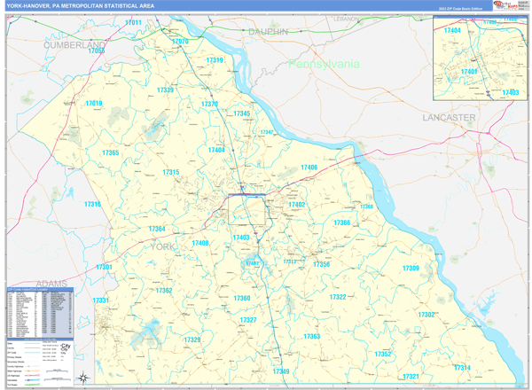 York-Hanover, PA Metro Area Wall Map Basic Style by MarketMAPS