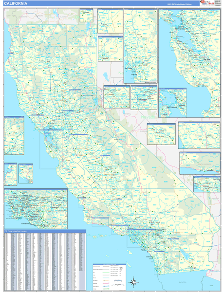 California Zip Code Wall Map Basic Style by MarketMAPS