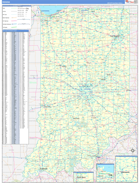 Indiana Zip Code Wall Map Basic Style by MarketMAPS