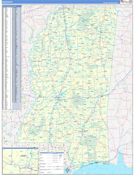 Mississippi Zip Code Wall Map