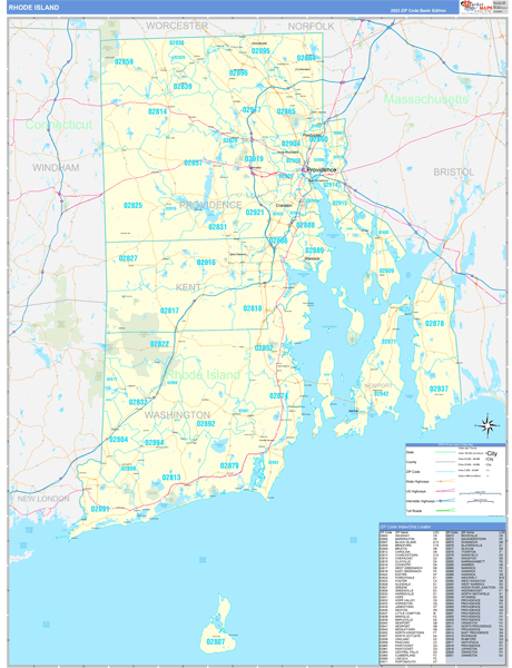 Rhode Island Zip Code Wall Map Basic Style By Marketmaps
