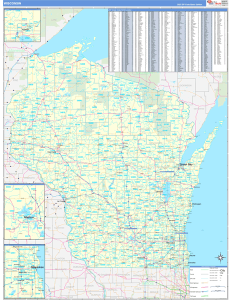 Wisconsin Zip Code Wall Map