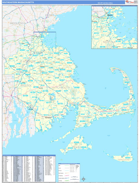 Massachusetts South Eastern  Wall Map