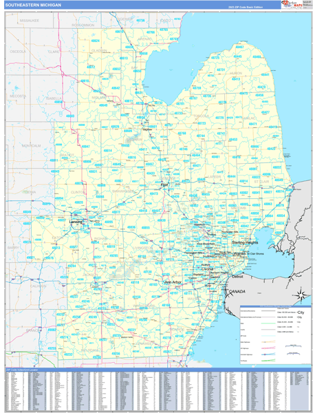 Michigan South Eastern Wall Map Basic Style by MarketMAPS - MapSales