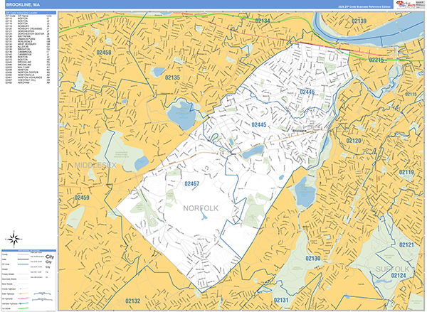Brookline City Wall Map Basic Style