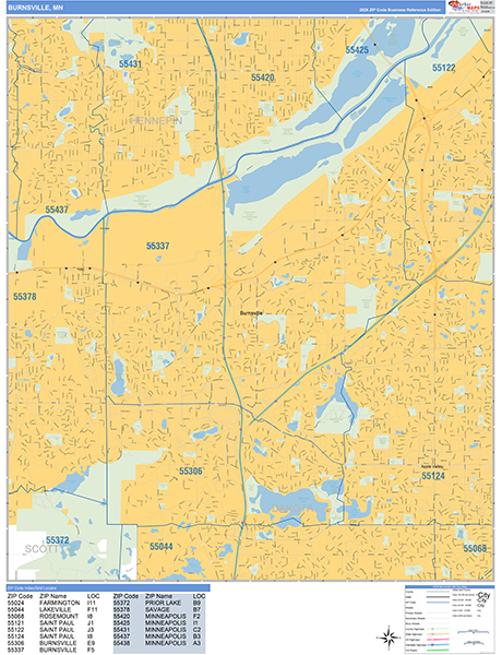 Burnsville City Wall Map Basic Style